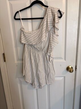 Sabo Skirt White with Black Striped One-Shoulder Ruffle Romper